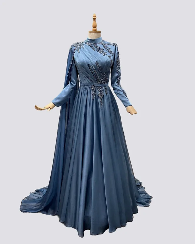 

Бледно-Голубые Вечерние платья в мусульманском стиле с длинным рукавом, модель 2023, блестящие вышитые бисером платья для выпускного вечера