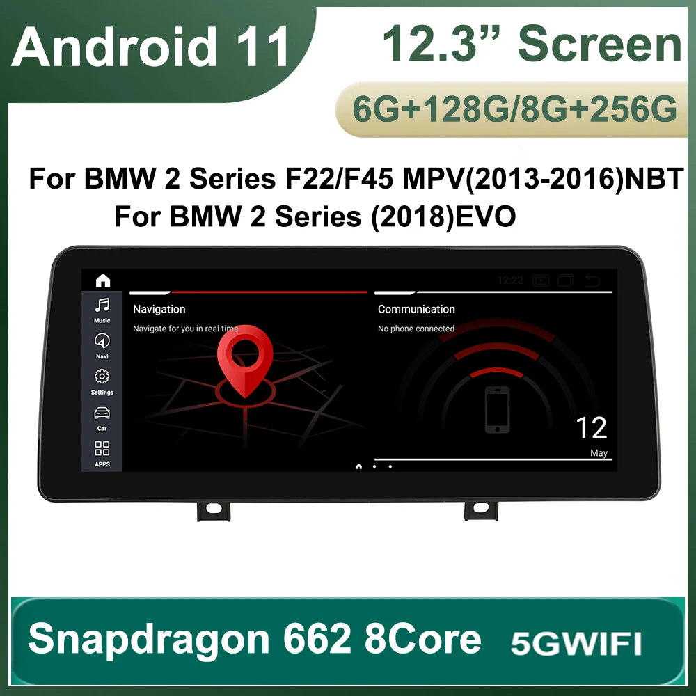 

Автомобильная Мультимедийная система, Android 11, 8 ядер, экран 12,3 дюйма, 6 ГБ + 128 ГБ/8 ГБ + 256 ГБ, для 2 серий F22/F45 MPV(2013-2016)NBT 2018 EVOGPS