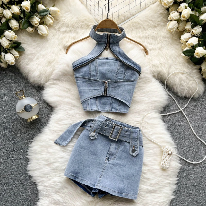

Sexy Halter Backless Denim Tops+ Hig Waist Shorts For Women Y2k Tops New Two Piece Set Fashion Spring Summer Denim Skirt Suits