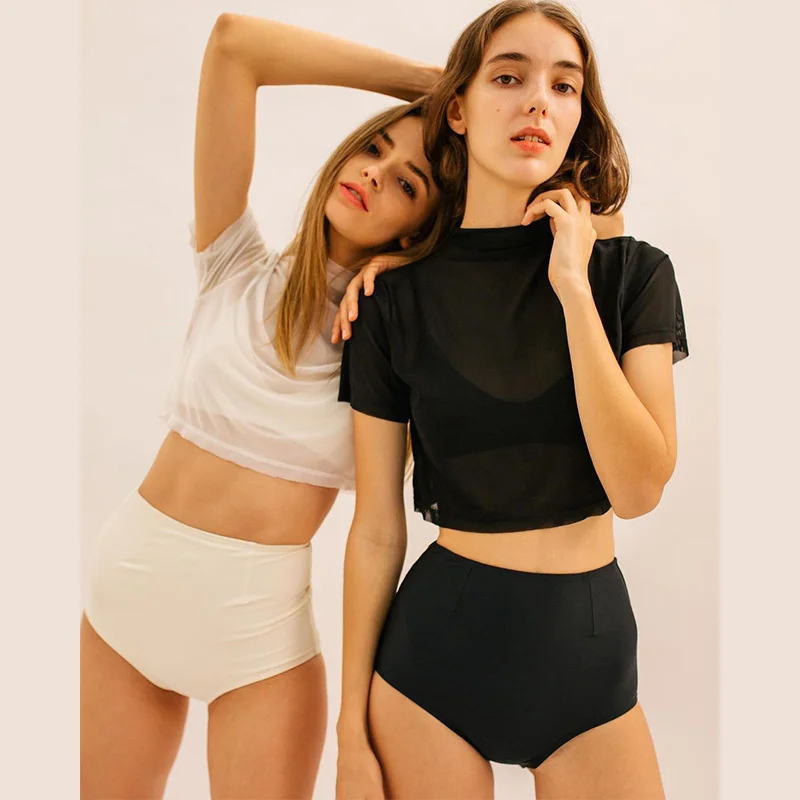 

Sexy High Waist Bikini Women Solid Black Swimsuit Short Sleeve Bathing Crop Top Biquini High Neck Swimwear Tummy Control Push Up