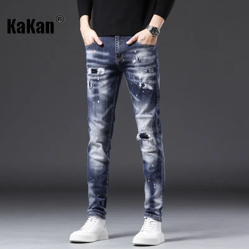 Kakan - New Distressed Tabbed Hip Hop Street Jeans for Men, Small Straight Barrel Wild Heavy Duty Long Jeans K018-D35