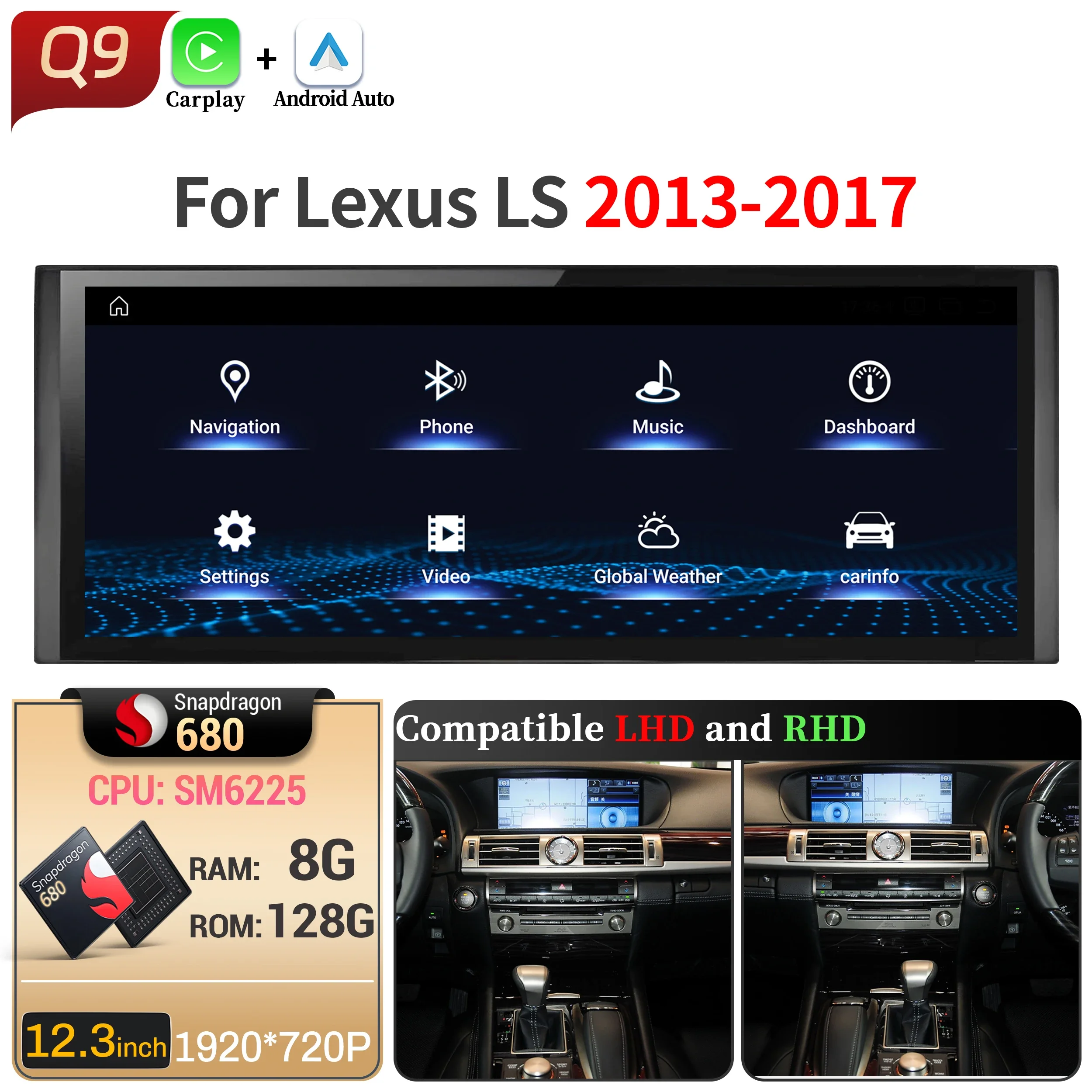 

12,3 "для Lexus LS 460h 600 400 2013-2017 автомобильный радиоприемник с левым и RHD беспроводной мультимедийный экран CarPlay Snapdragon 680