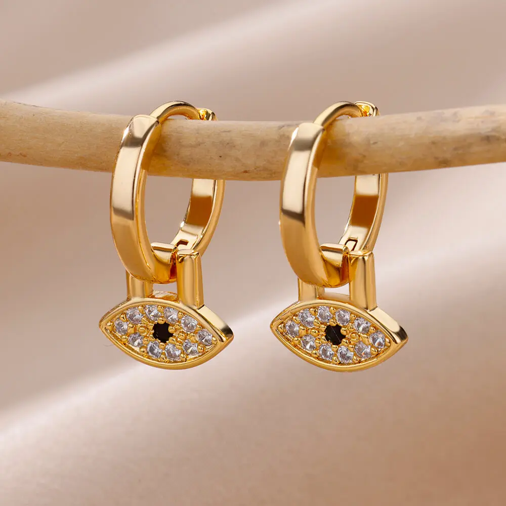 

Zircon Evil Eye Hoop Earrings For Women Vintage Gold Color Rhinestone Turkish Eye Fatima Hand Drop Earrings Punk Jewelry Gifts