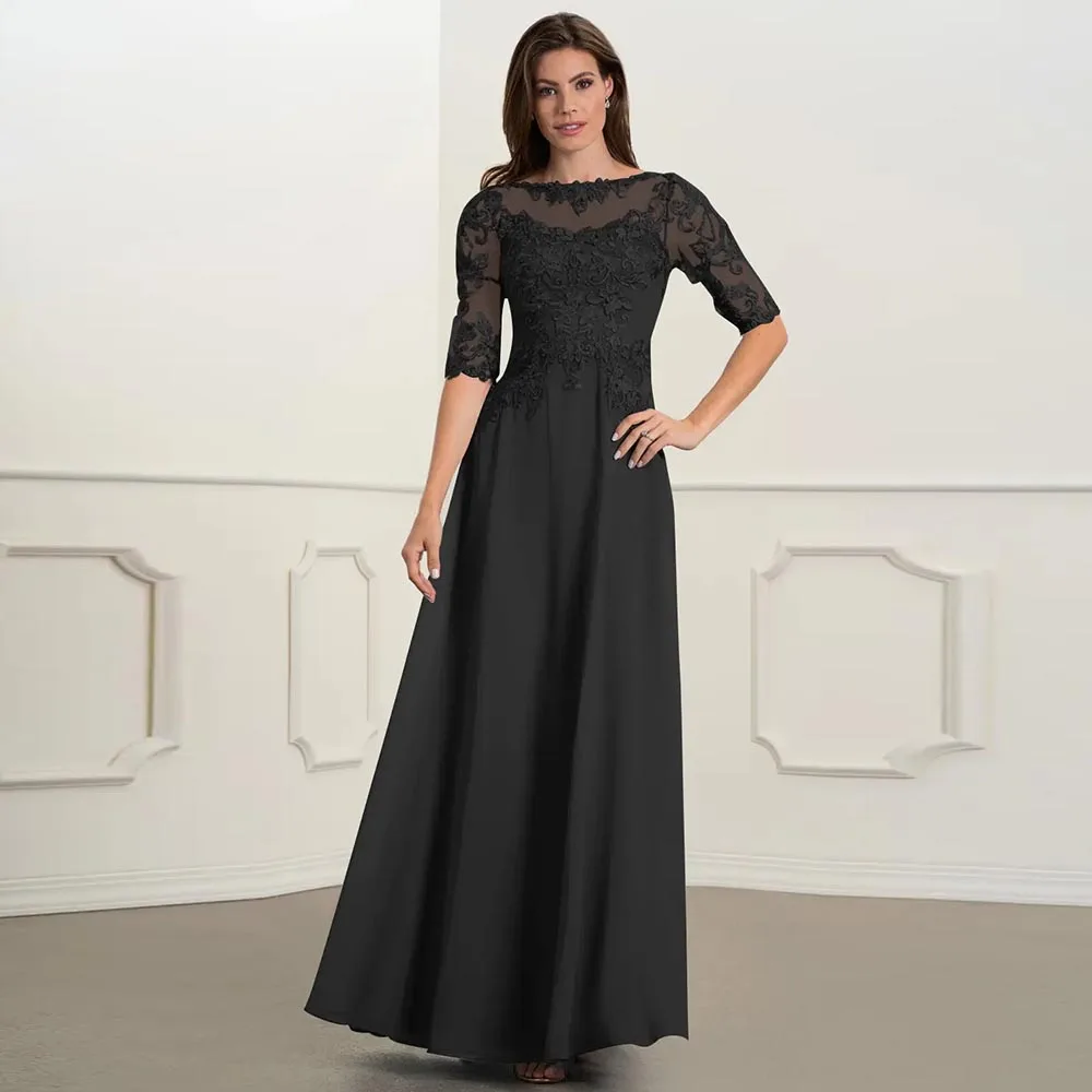 

Черные элегантные платья для матери невесты для свадьбы с коротким рукавом и круглым вырезом платье для свадебной вечеринки с аппликацией