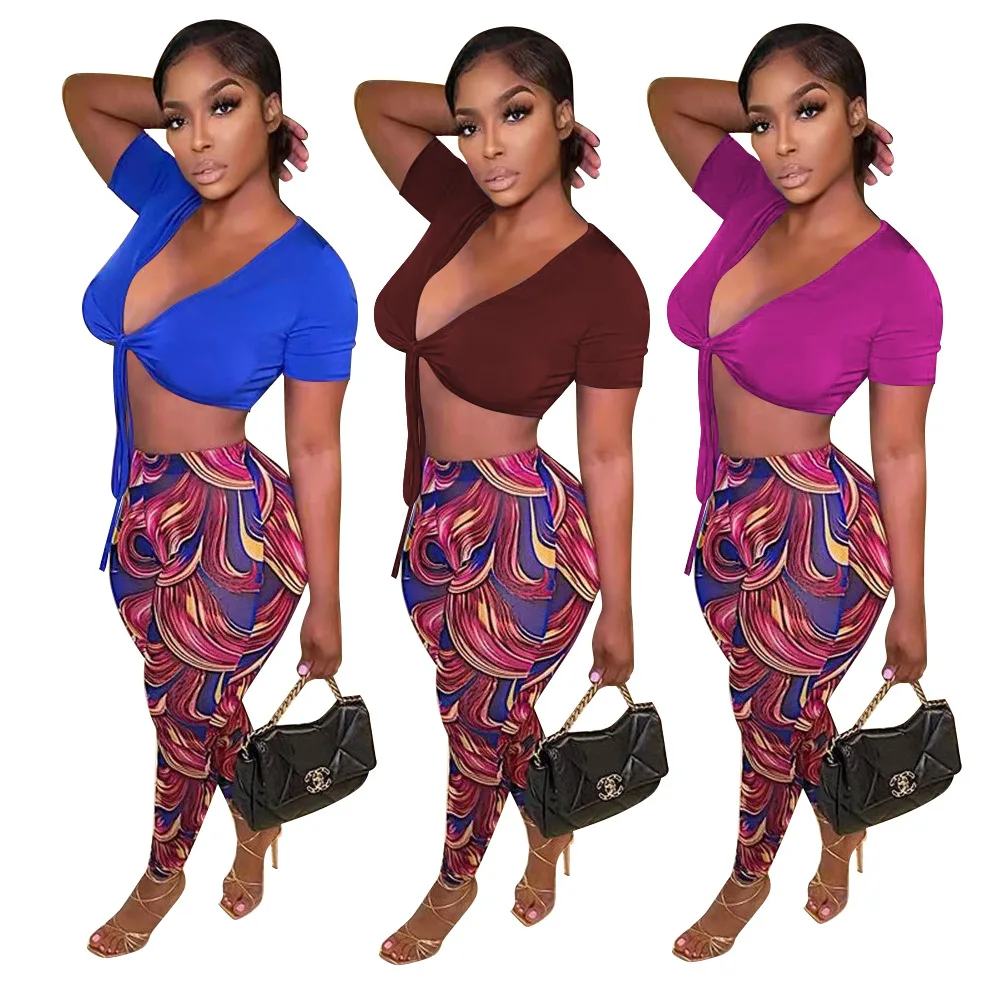 

Summer Outdoor Casual Two Piece Set Woemn Sexy Bow Tie T-Shirt and Pencil Pants Printed Trousers Set Commuter Fashion Two Piece