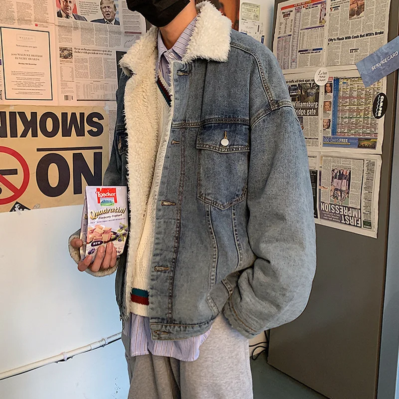 Autumn and Winter Cotton-padded Men's Korean Version of Loose Denim Lamb Velvet Cotton-padded Jacket Ins Plus Velvet Warm Jacket