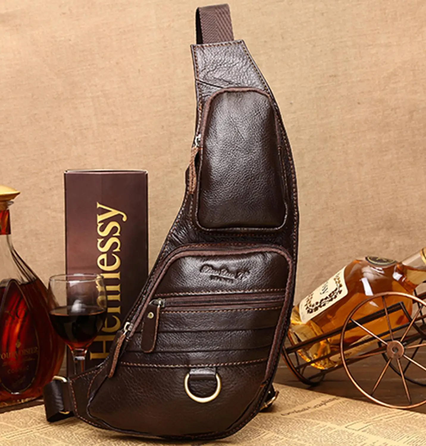 High Quality Real Cowhide Men Shoulder Chest Bags Retro Bran