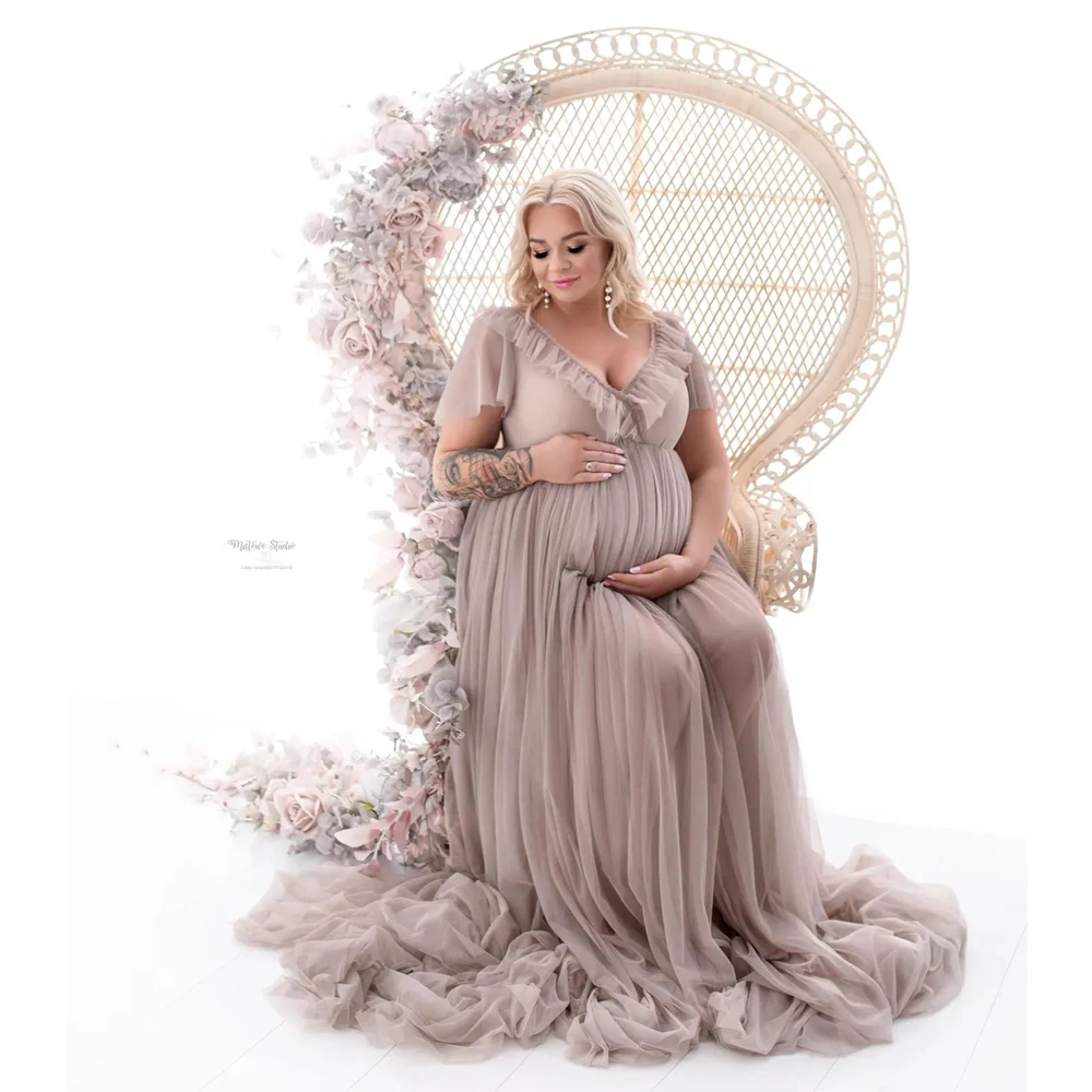 Maternity Photography Props Dress Sexy Light grey Ruffle  Tulle Long Robes Baby Shower Party Gowns Dress Photo Shoot Pregnant