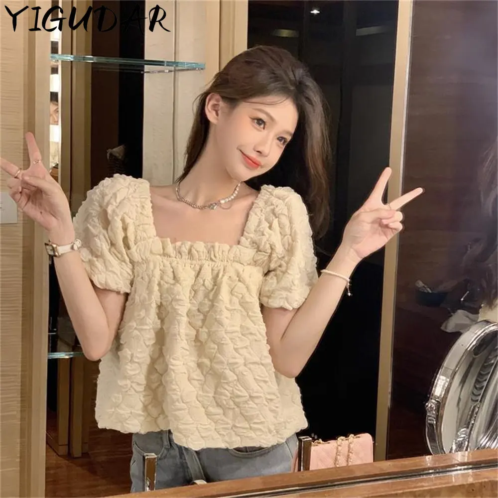 

New 2023 Spring Summer Women's Blouses Fashionable Breasted Square Collar Puff Sleeve Vintage Solid Shirts Tops Female body