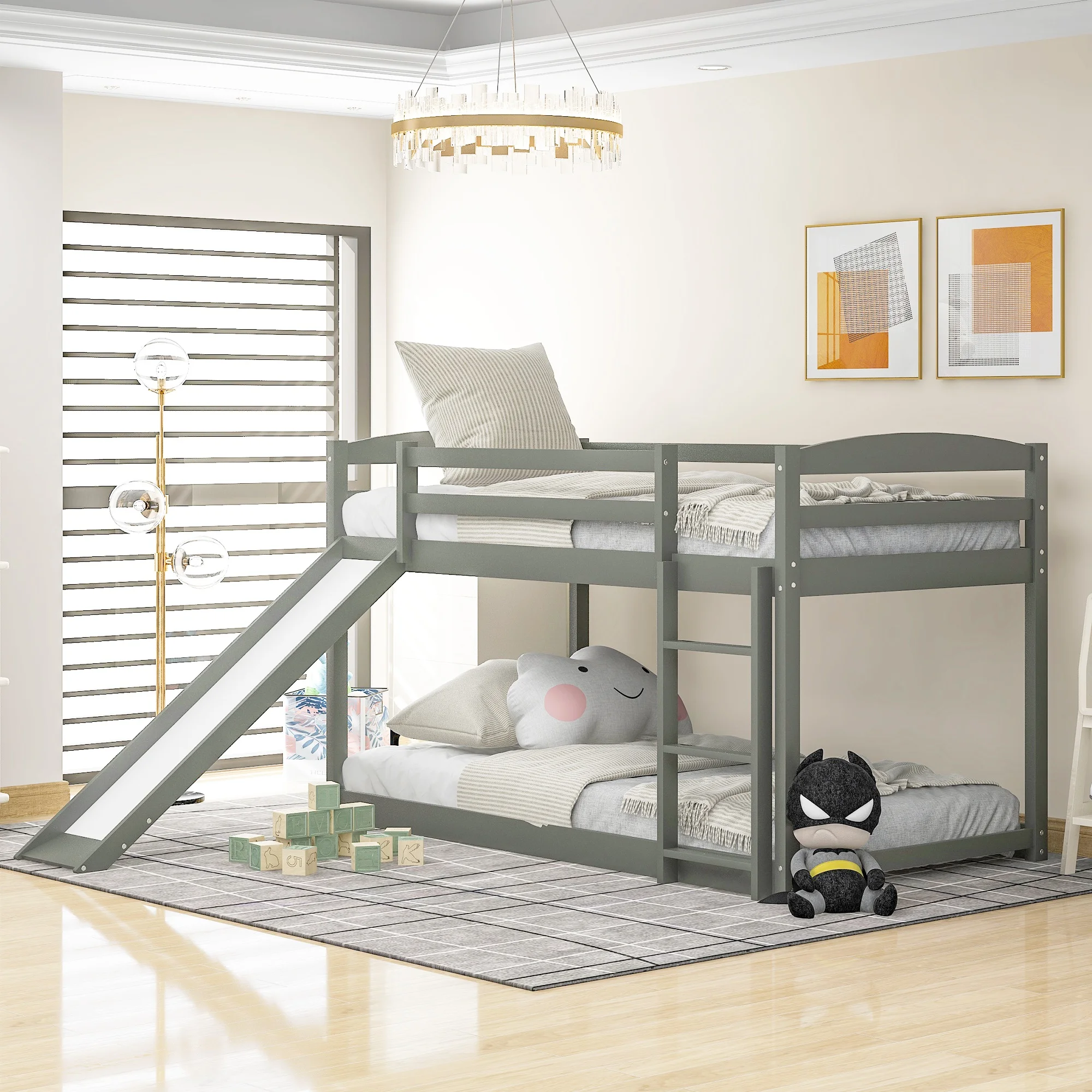 

Home Modern Wooden Furniture Bedroom Furniture Beds Frames Bases Twin Over Twin Bunk Bed With Convertible Slide And Ladder Gray