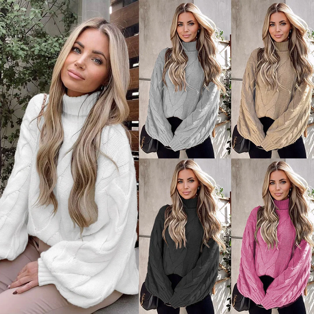 

2023 Winter Women's trumpet sleeve Casual pullover sweater large size high neck twist sweater women's thick