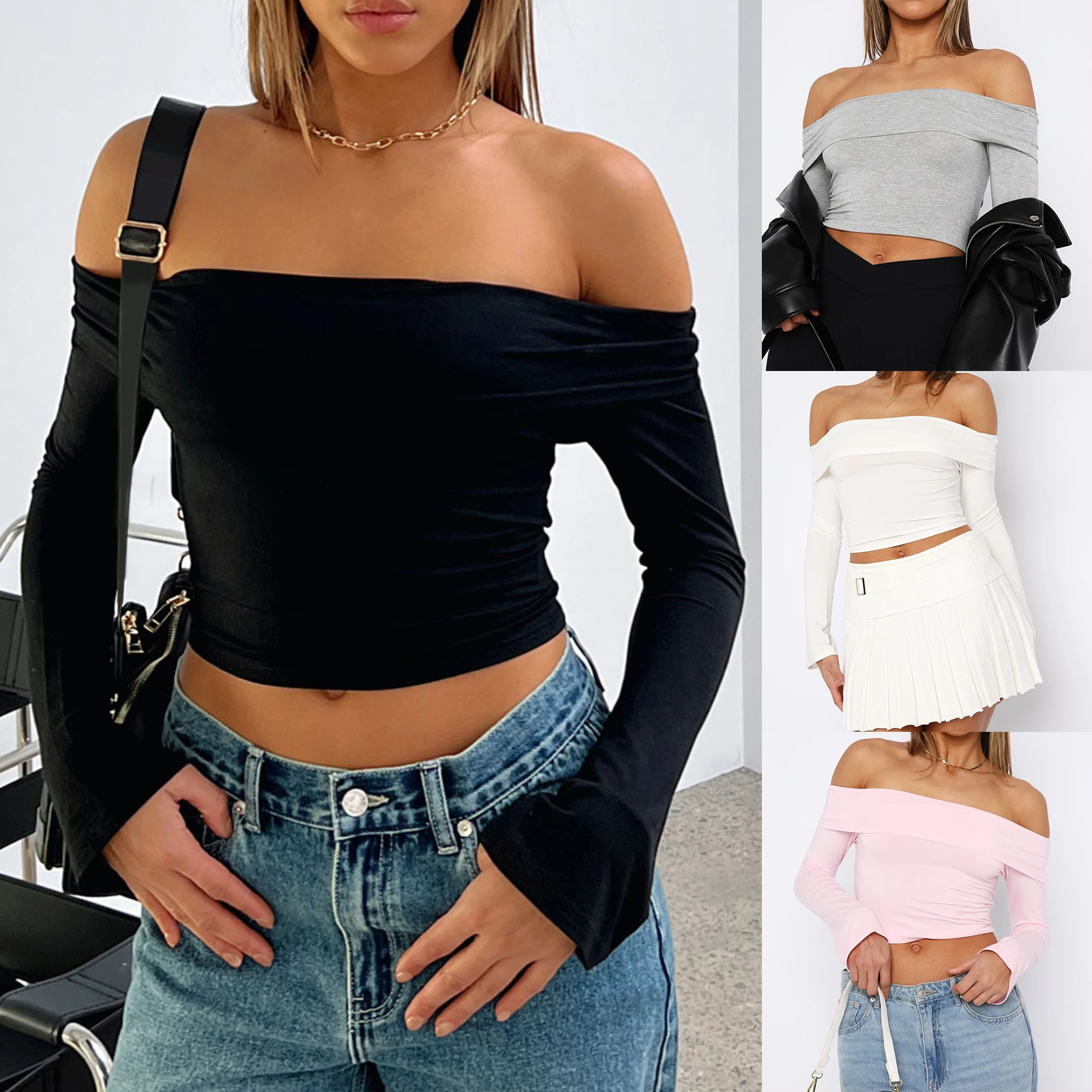 

Women Sexy Skinny T Shirts Casual Off Shoulder Top Slim Fit Solid Color Pullover Tight Fitting Party Clubwear