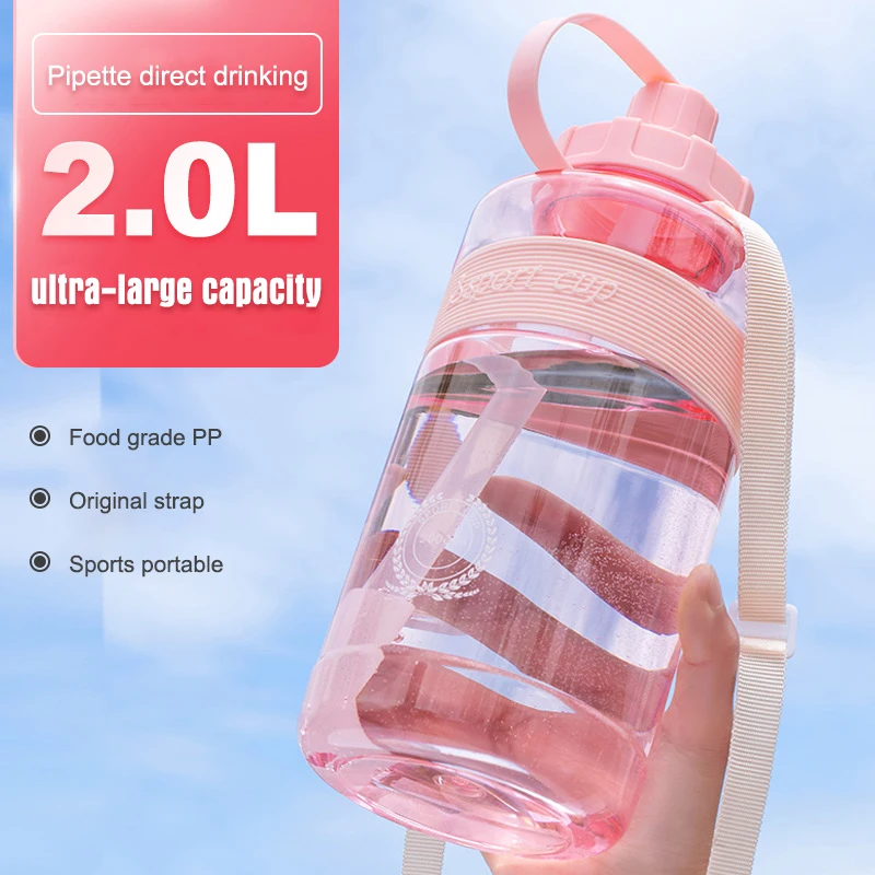 

2000ml Large Capacity Plastic Water Cup Fitness Student Straw Cup With Rope Sports Kettle Outdoor Summer Air Cup Water Bottle