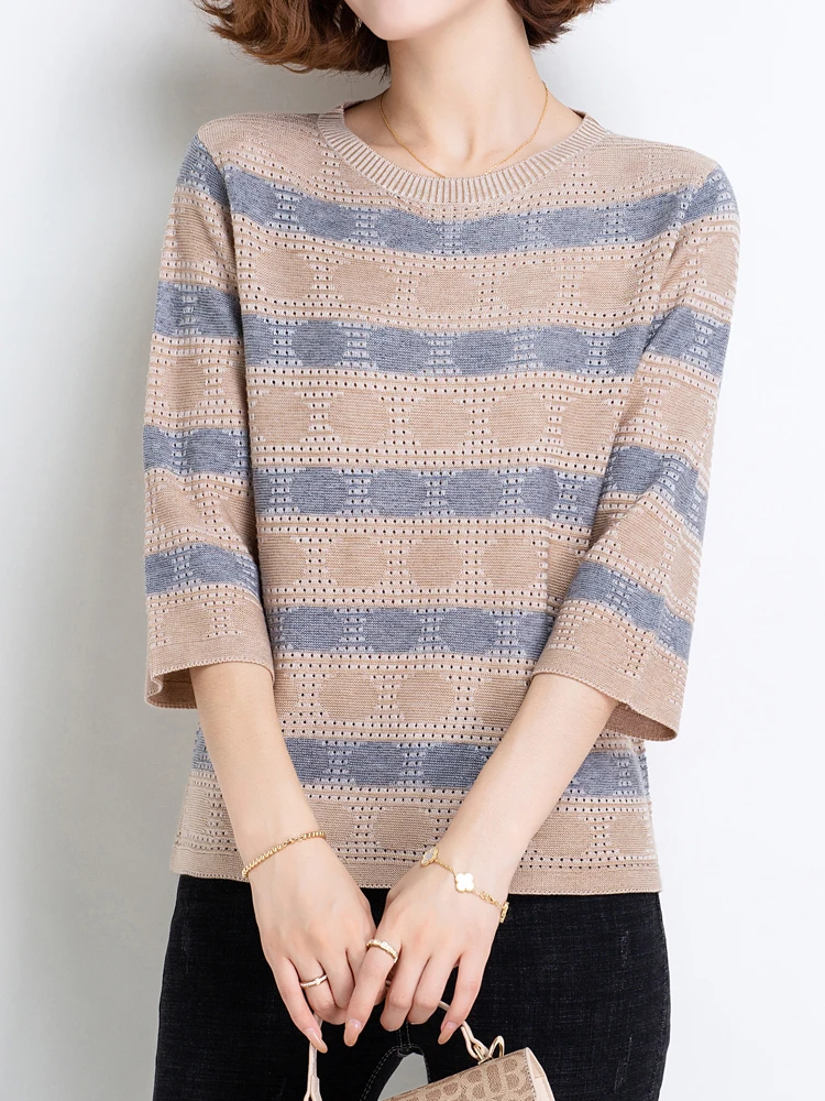 

Женский винтажный свитер, корейский пуловер с полосками, с коротким рукавом, весна-лето