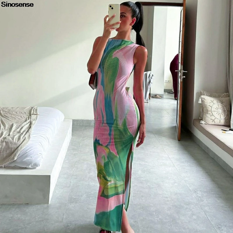 Женское летнее облегающее платье с принтом тай-дай без рукавов круглым вырезом и