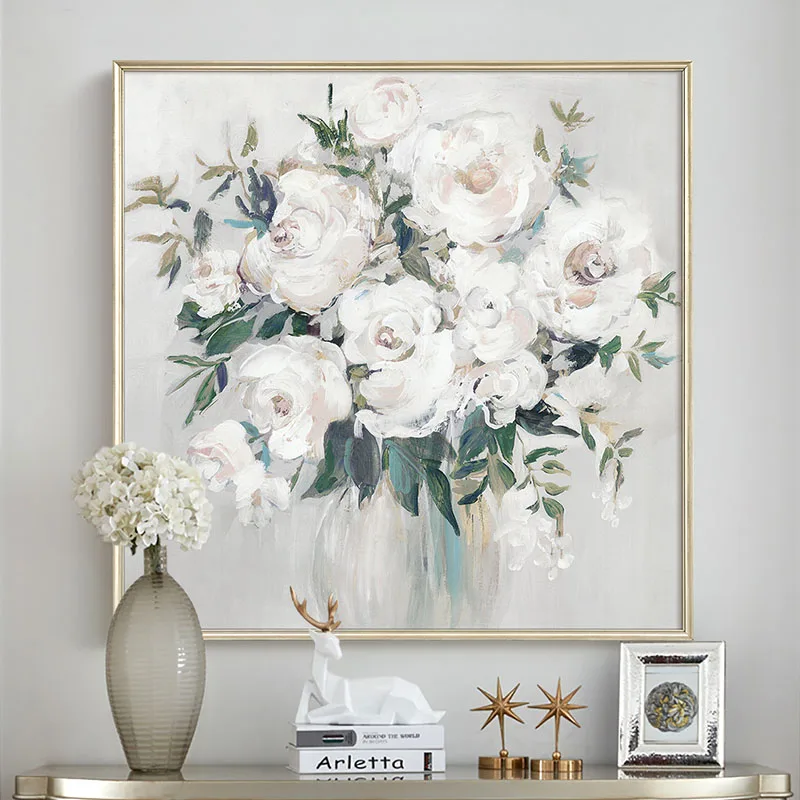 

Modern American Living Room Background Decorative Painting French Light Luxury Restaurant Pure Hand-painted Oil Painting Flowers