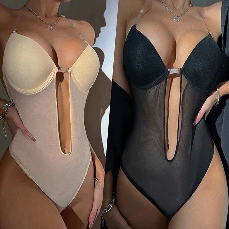 

Женское боди с глубоким V-образным вырезом и открытой спиной