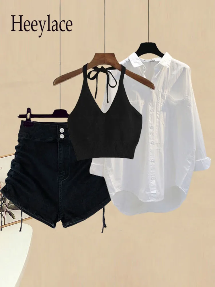 

Women Summer Korean Casual Sets Streetwear Halter Vest+white Sunscreen Blouse+denim Shorts 3 Pieces Set For Women Y2k Outfits