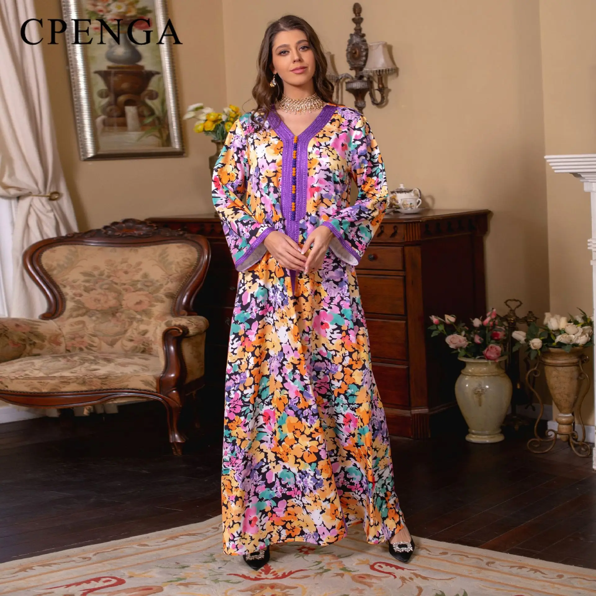 

Elegant Print Muslim Long Dress for Women Eid Arabic Dubai Abaya Islamic Jalabiya Clothing Turkey Dresses Moroccan Kaftan Robe