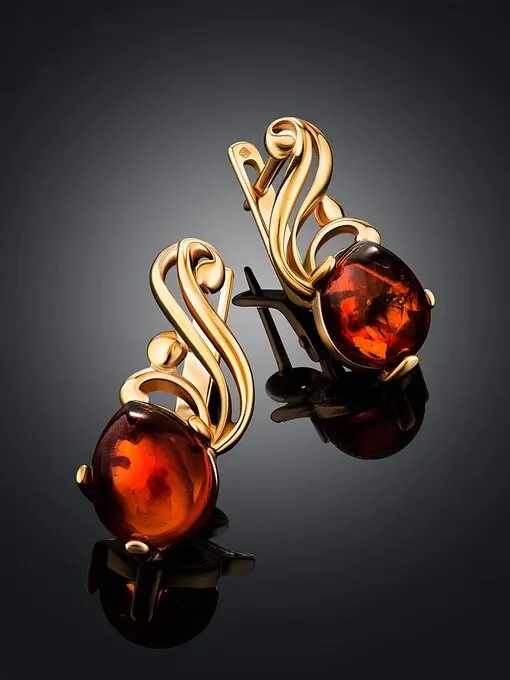 Роскошные серьги Медея из серебра в позолоте с натуральным янтарём |