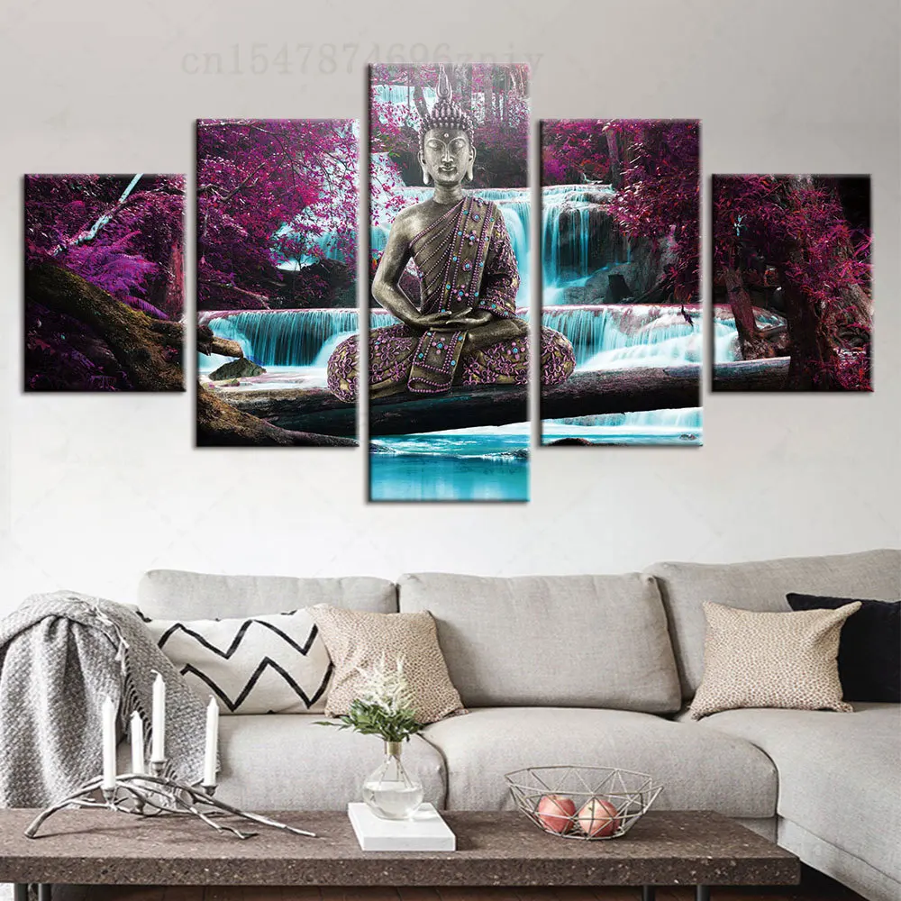

5 панелей фиолетовое дерево водопад холст искусство декоративная живопись модульная статуя Будды картины Домашний Декор для гостиной искусство