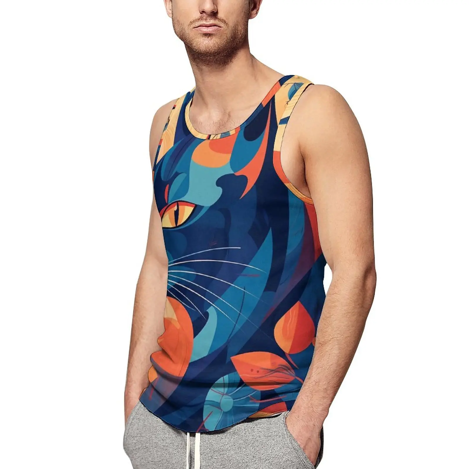 

Cat Tank Top Men Colorful Abstraction Illustration Gym Oversize Tops Summer Trendy Design Sleeveless Shirts