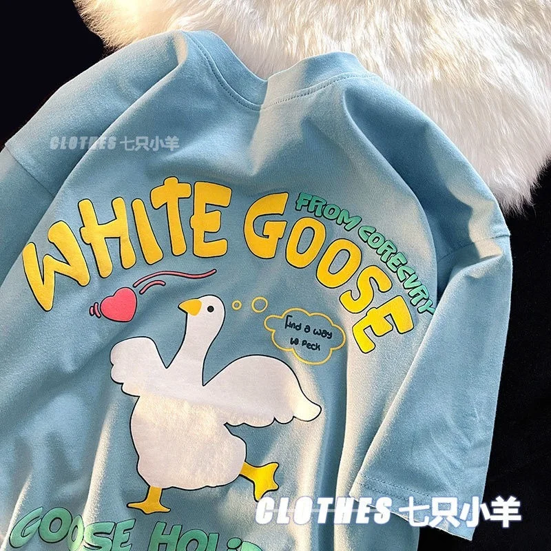 

100% Cotton Goose Duck Cute Cartoon Graphic T Shirts Purple O-neck Oversized Kawaii Japan Tops Summer Plus Size Harajuku Fashion