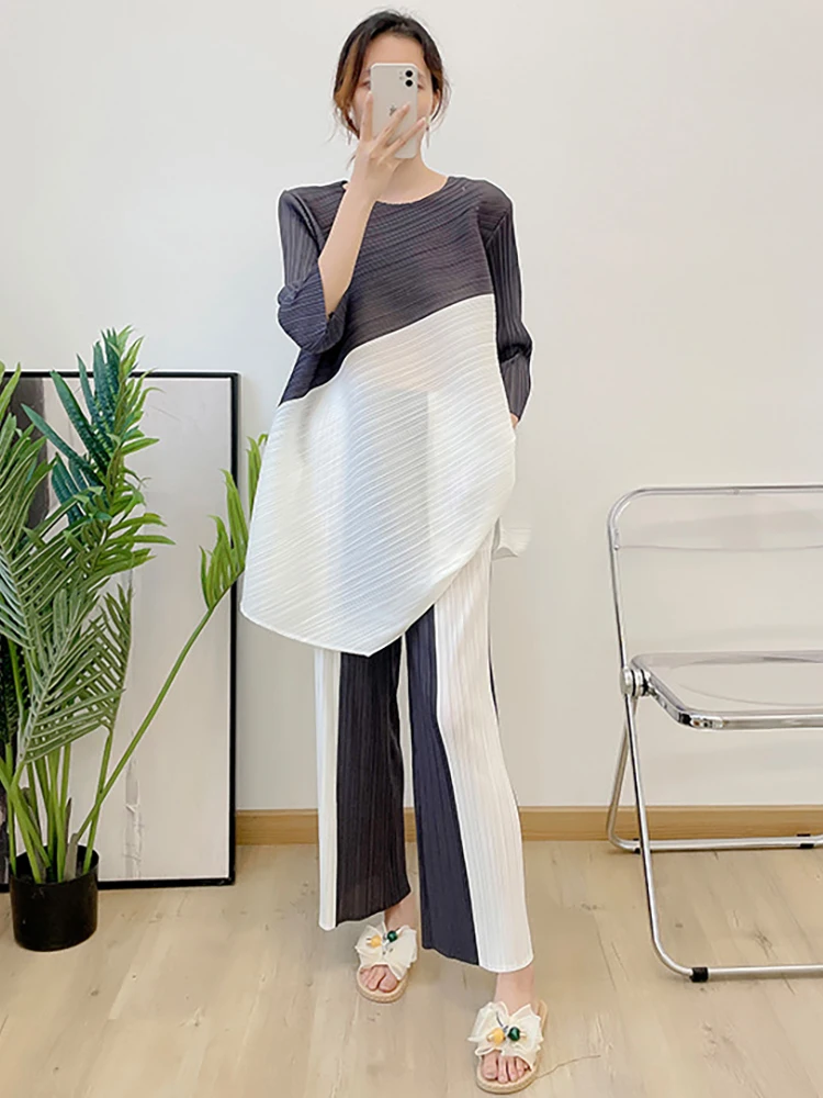 Delocah High Quality Summer Women Fashion Designer Pants Set Half Sleeve Colorblock Loose Tops + Elastic Waist Pleated Pant Suit enlarge