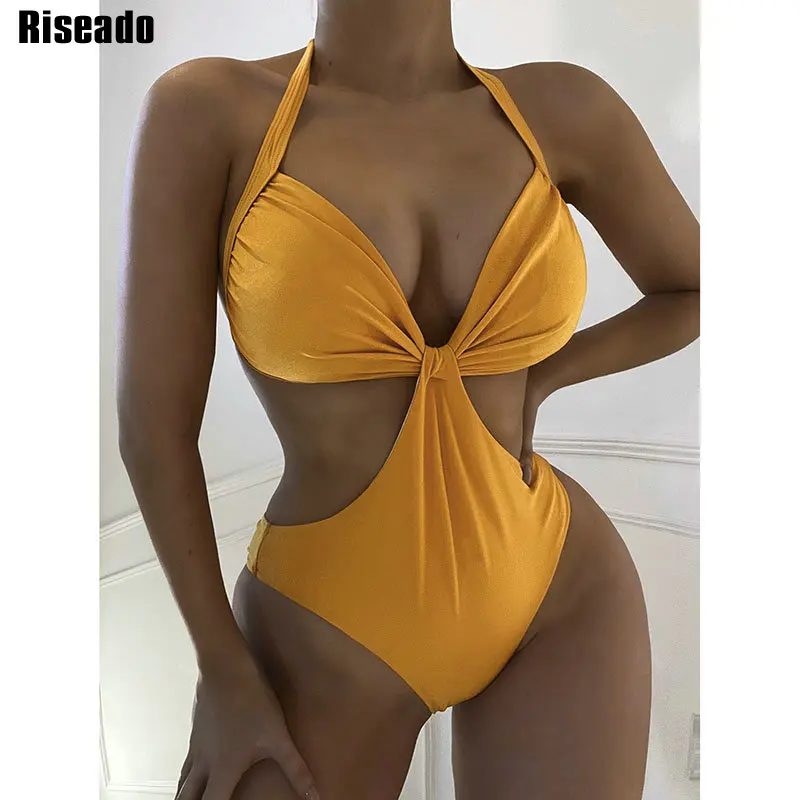 

Riseado Halter One Piece Swimsuit Ruched Women's Monokini Backless Swimwear Solid Bodysuit Bathing Suit Women 2022 New Beachwear