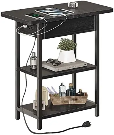 

Table with Charging Station, Narrow Side Table with USB Ports and Outlets, Flip Top Nightstand / Bedside Table / Sofa Couch Tabl