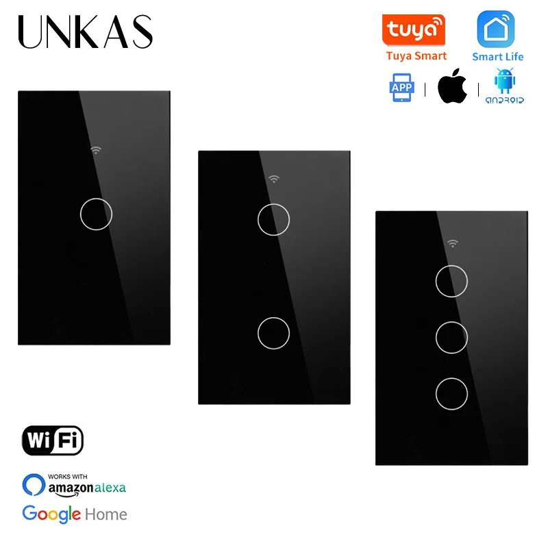 

Стеклянная панель UNKAS, 1/2/3 кнопочный сенсорный настенный выключатель Smart Tuya Wi-Fi, американский стандарт, Google Home, нуль и противопожарная Линия ...