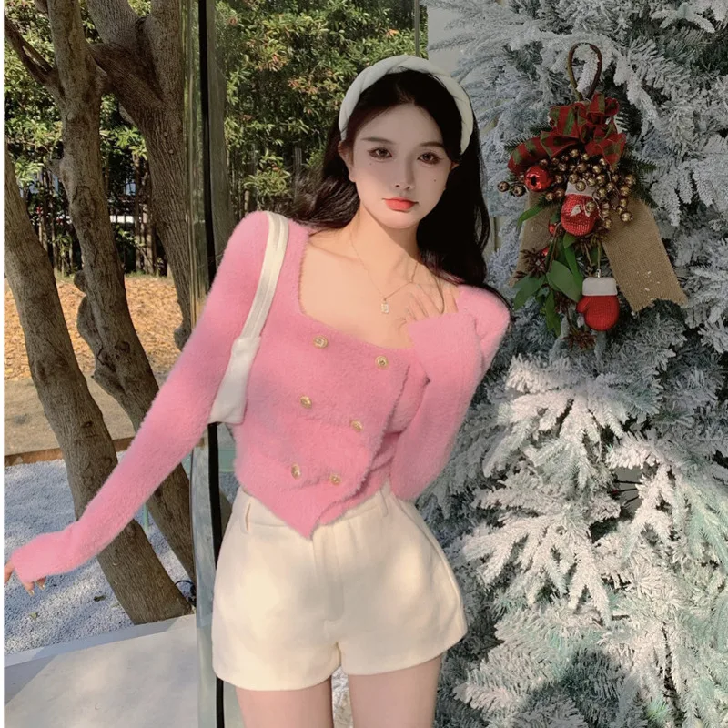 

Women Spring Cardigan Chic Double Breasted Slim Short Sweater Coat Long Sleeve Faux Min Cashmere Knitting Tops Pull Wild Clothes