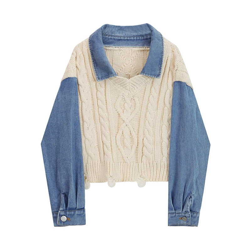 

SuperAen Fake Two-piece Denim Stitching Sweater Women's Fashion Retro High Waist Short Knitted New Autumn Sweater