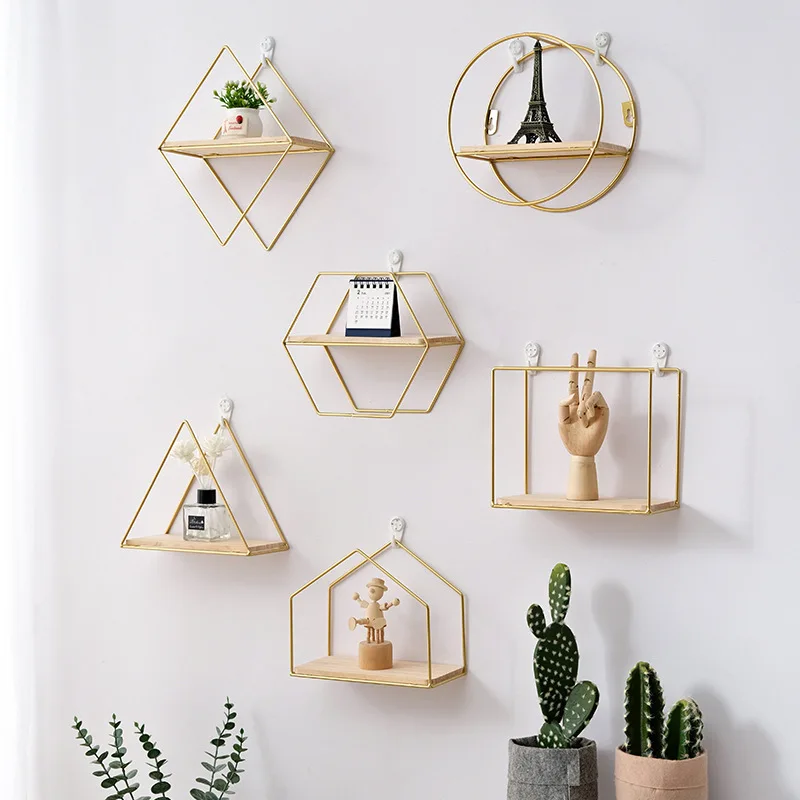 

Living Room Geometric Shelves Nordic Style Creative Wall Decoration Metal ShelfRound Hexagon Storage Holder Rack Combination