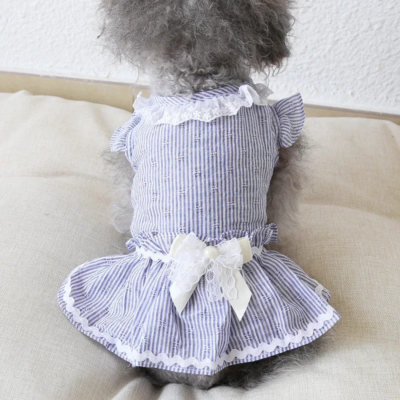 

Одежда для собак, юбка в синюю полоску для маленьких собак и кошек, летнее весеннее платье с оборками и белым бантом, одежда Тедди Чихуахуа