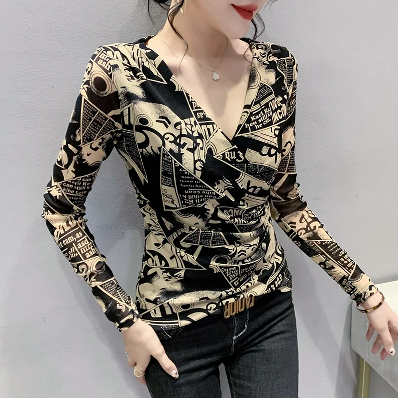 

Autumn Winter Mesh Cross V Neck Long Sleeve Sexy T-shirts Female Tide Creative Print Tops Vintage Slim Fit Tight Bottoming Shirt