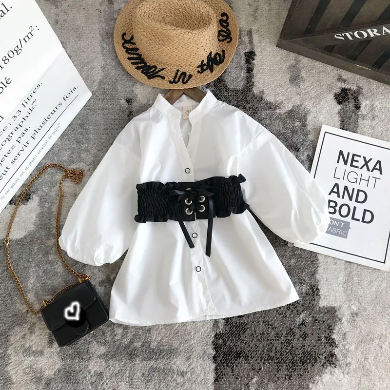 

Baby Girl Shirt Dress With Corset Two-piece Suit 2021 Spring Summer Cute White Three Quarter Sleeve Dress Western Style Clothes