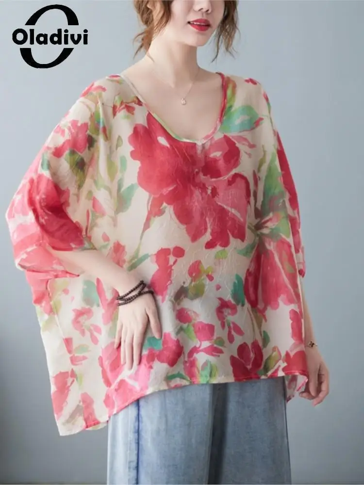 

Oladivi Fashion Floral Print Batwing Sleeves Blouses Women Oversized Short Sleeve Shirts Vintage Ladies Summer Big Size Top 1595
