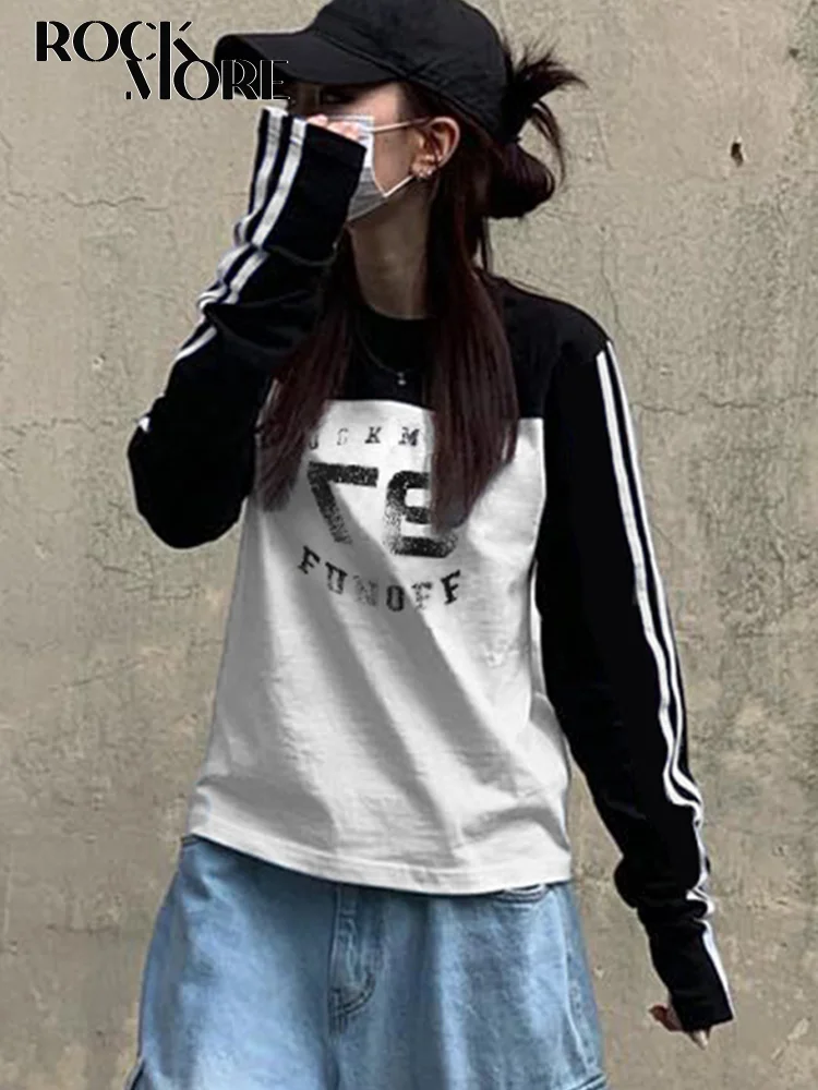 

Rockmore Harajuku Letter Print T-shirt Women Patchwork Long Sleeve O-neck y2k Top Tee Korean Casual Fairy Grunge Clothes