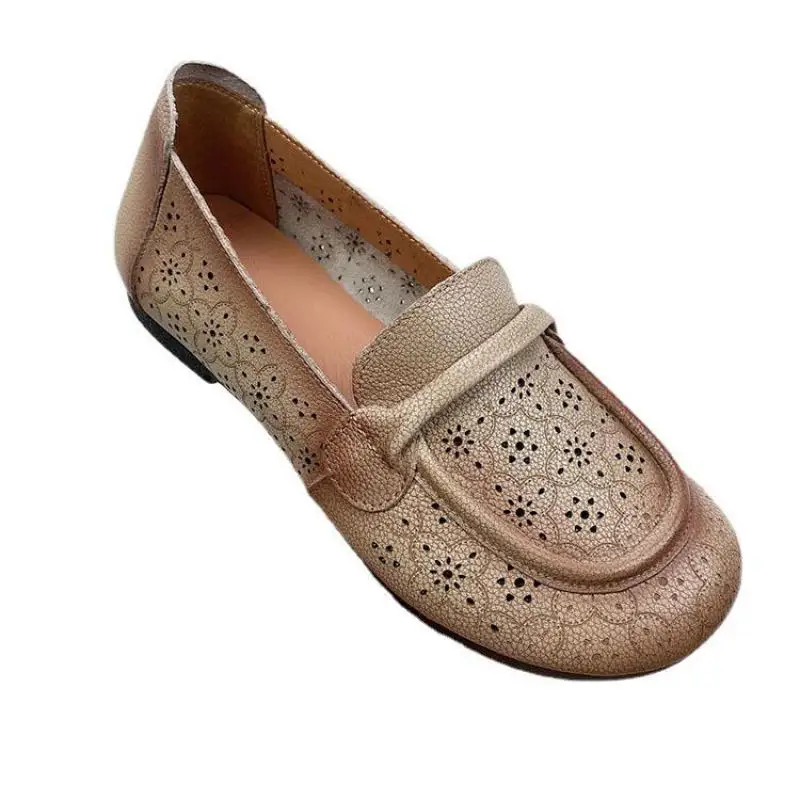 

YourSeason Genuine Leather Flats Ladies Shoes Hollow-out Vintage Round Toe Fashion Spring Concise Handmade Shallow Women Shoes