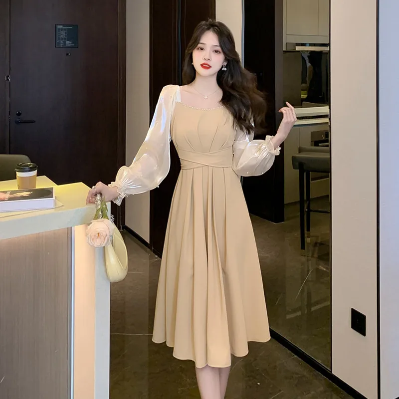 

COIGARSAM Autumn Women New French Style Square Collar High Waist Khaki Black Dress