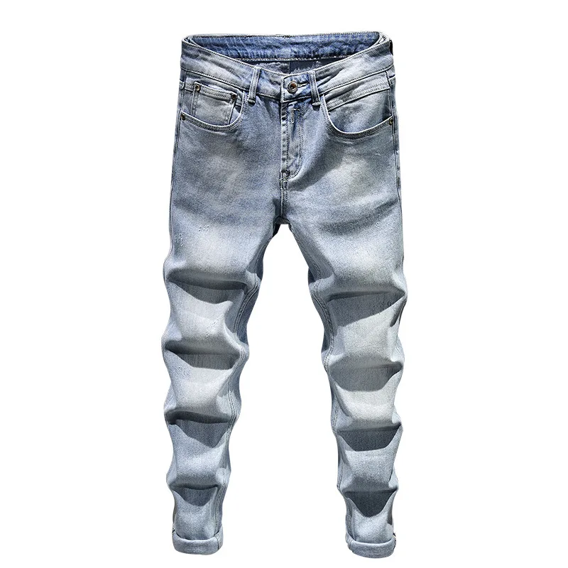 Light Blue Jeans Men 2022 New Streetwear Casual Slim Fit Pencil Pants Fashion Cotton Denim Trousers