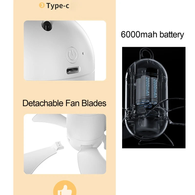 

USB-вентилятор потолочный с 5 листьями, 6000 мАч, 8,6 дюйма
