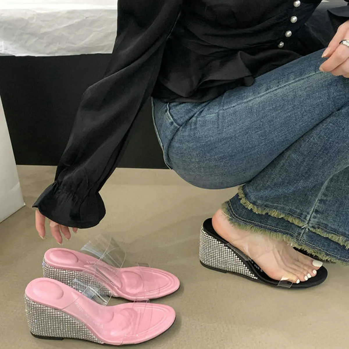 

Женские босоножки на танкетке, однотонные сандалии с открытым носком, на высоком каблуке, туфли-лодочки без застежки, повседневная обувь для лета, 2023