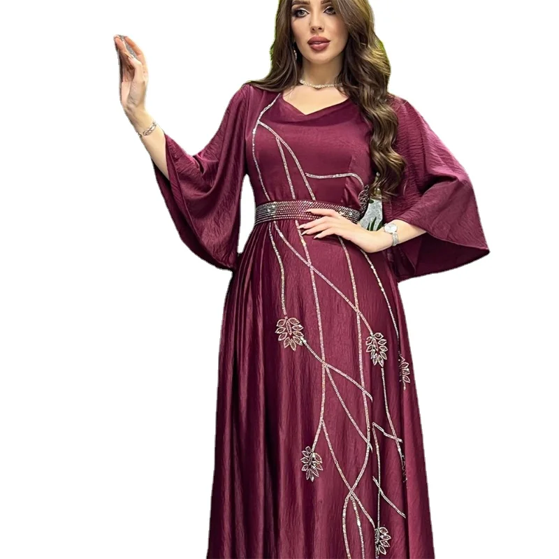 

Modest Muslim Moroccan Caftan Dubai Abaya Dress for Women Corban Eid 2023 Leaf Pattern Hot Fix Rhinestone Arab Robe