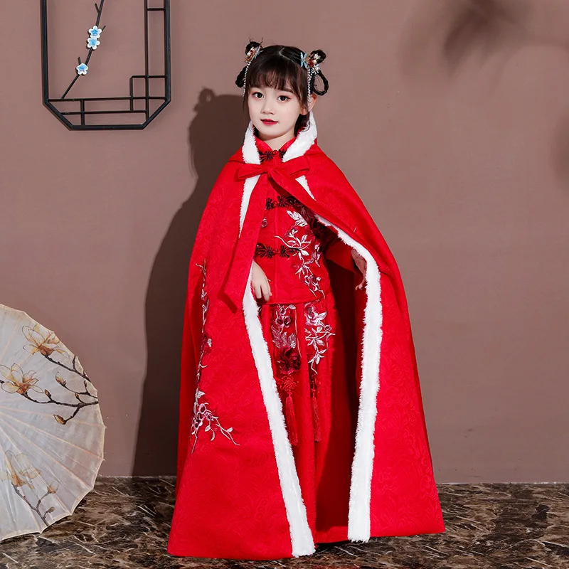 

Winte Girls Cotton Linen Tang Suit Kids Chinese Lovely Ancient Hanfu New Years Dress And Capechildren Cotton-padded Clothes