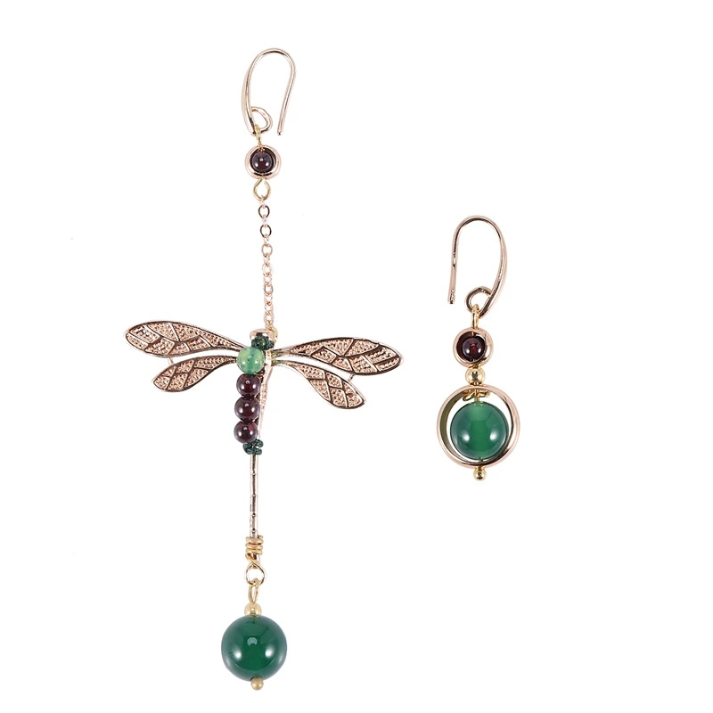 

Ассиметричные серьги-подвески в этническом стиле с камнями в виде стрекозы