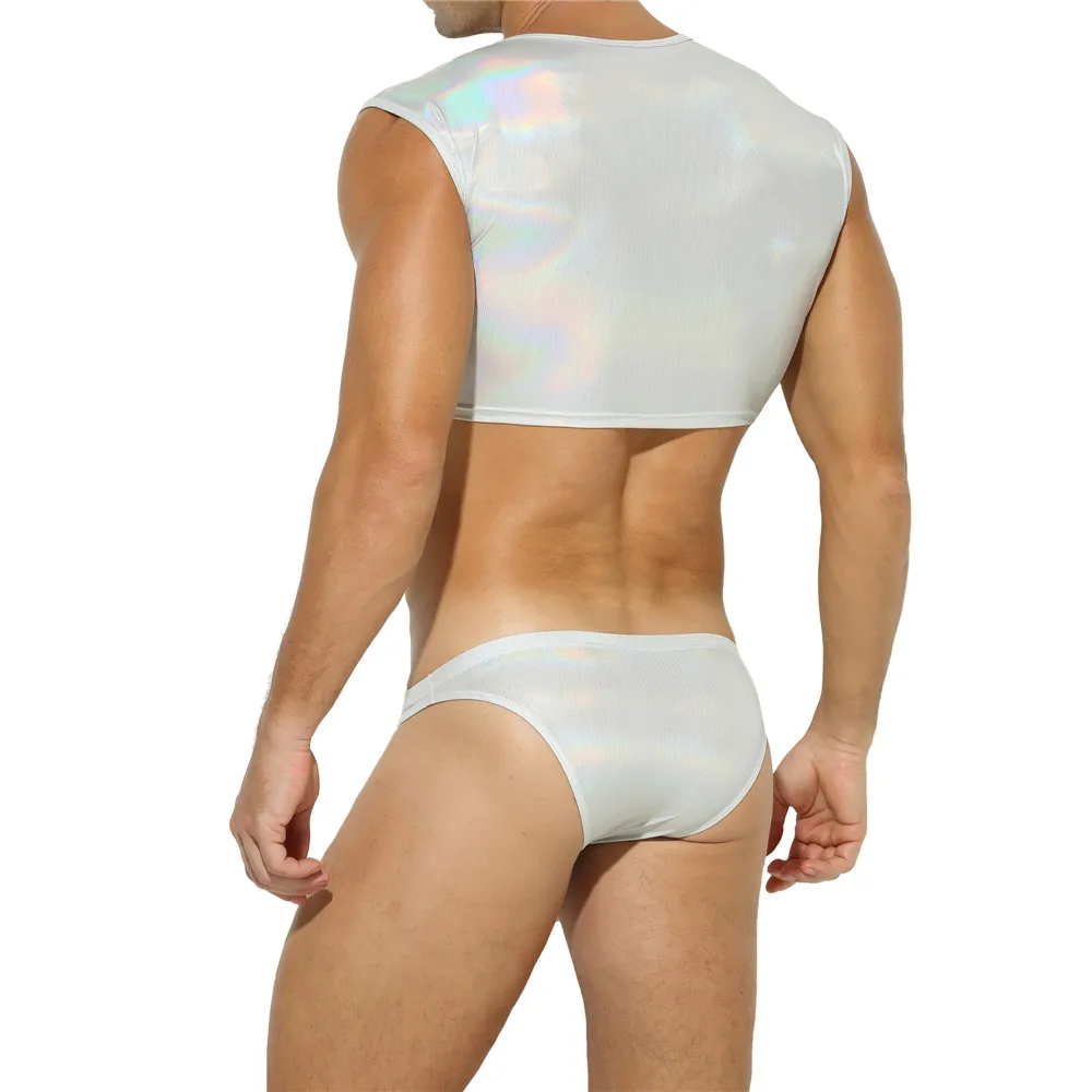 YUFEIDA Men Cropped Tanks Top Sets PU Leather Undershirt Tops Panties Gay Sexy Stage Dance Costume Male Lingerie Vest+shorts Set