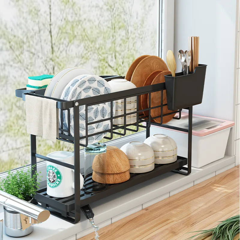 

Черный Высококачественный кухонный стеллаж для посуды, подставка для палочек и палочек, многофункциональный стеллаж для хранения мисок и б...
