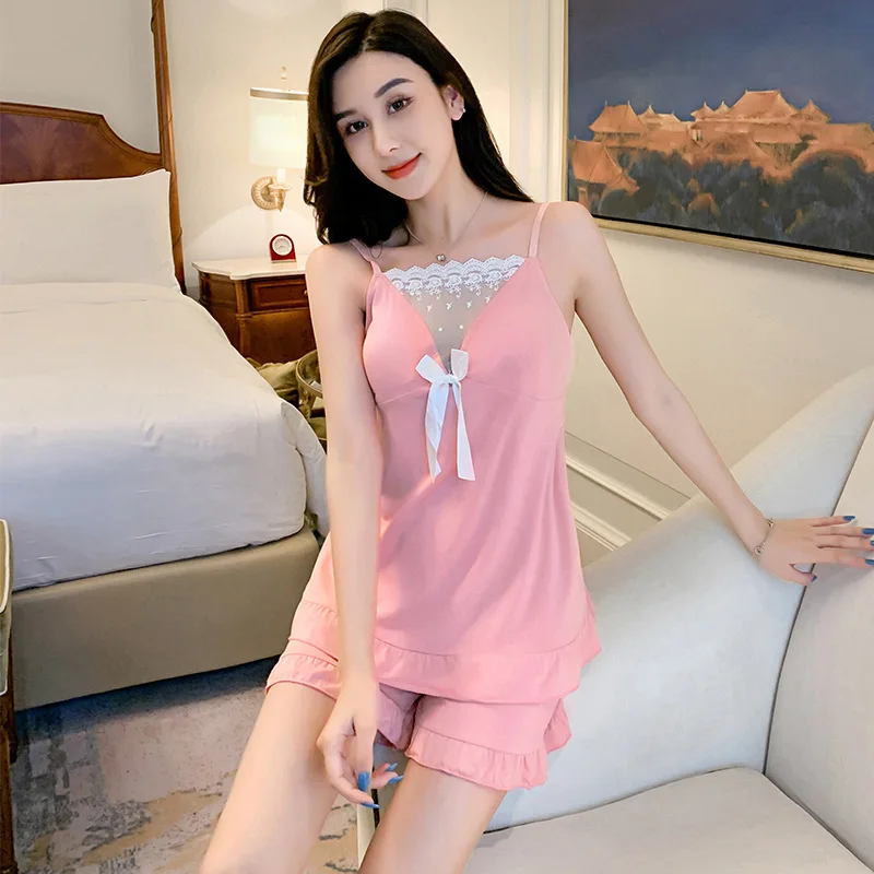 

Women's 2-piece Summer sexy pajama Set with breast pad pajama Lace Shirt and Shorts set Pajama for women